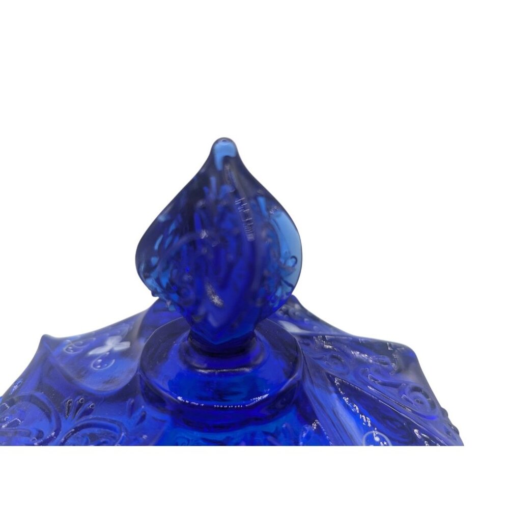 Fenton Glass HP Artist Signed Cobalt Blue Paisley Swirl Candy Jar & Lid - Picture 11 of 16